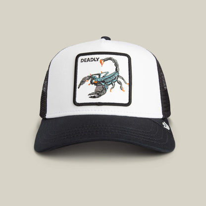 A DUST/VOID mesh hat by Goorin Bros., featuring a scorpion patch and the product name "Deadly" on the front.