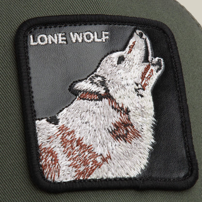 The Lone Wolf embroidered patch by Goorin Bros. features a howling wolf and "LONE WOLF" text on dark fabric—perfect for trucker jackets or those with outlaw energy.