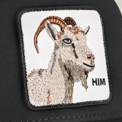 Embroidered patch of a Mirage HIM goat’s head with “MIM” text on black fabric—by Goorin Bros.—perfect for bold, standout apparel.