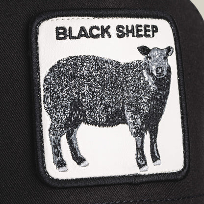 A close-up shows The Black Sheep patch by Goorin Bros., featuring a black sheep illustration and the words "BLACK SHEEP"—a nod to standing out from the crowd.