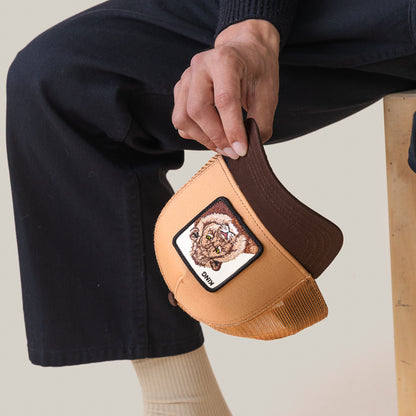 A person sits on a wooden stool holding the Goorin Bros. King Trucker hat, featuring a tan and brown design with an embroidered lion patch, adding a bold statement to their style.