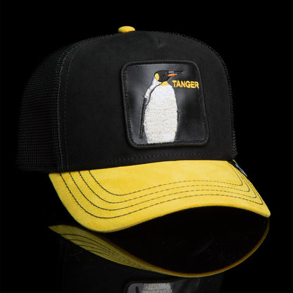 The Goorin Bros. Suede Tanger 58 is a black and yellow trucker hat with a mesh back and a front patch featuring a penguin and the word TANGER—great for Pittsburgh Penguins or Kris Letang fans.