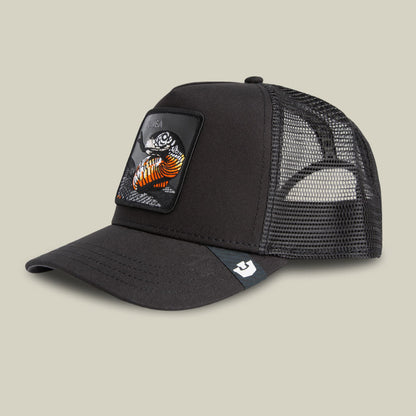 The Goorin Bros. Mamba Trucker is a black mesh trucker cap featuring a detailed animal patch on the front and an adjustable back strap, shown against a neutral studio background.