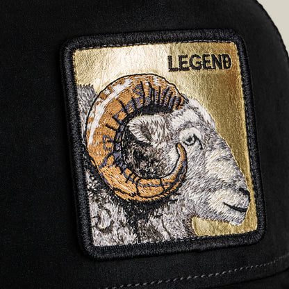 The Golden Legend cap by Goorin Bros. is black with a gold and silver ram patch embroidered on the front, featuring the words LEGEND and Golden Legend in black to honor fearless leaders everywhere.