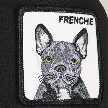 Close-up of The Frenchie Dog patch from Goorin Bros., featuring an embroidered French bulldog and the word FRENCHIE, sewn onto black fabric—ideal for any dog lover’s trucker hat or cap collection.