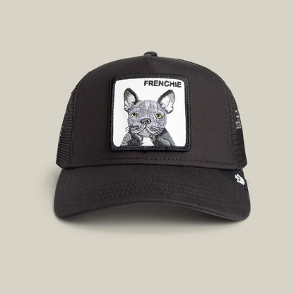 The Frenchie Dog trucker hat by Goorin Bros. features a mesh back and a front patch with an embroidered gray French bulldog and “FRENCHIE”—a cute must-have cap for small-dog lovers.