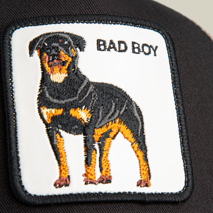 The Bad Boy patch by Goorin Bros. features an embroidered Rottweiler and "BAD BOY" on a dark background, creating a bold statement accessory for any stylish hat.