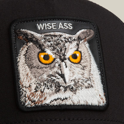 Close-up of the Wise Ass Trucker by Goorin Bros.—a witty black cap featuring a patch with an embroidered owl and the text "WISE ASS" above its head.