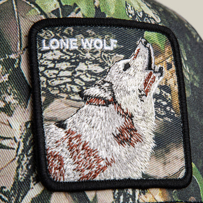 The Goorin Bros. Camouflage Lone Wolf patch features an embroidered howling wolf with "LONE WOLF" above, making a bold statement on camo material.