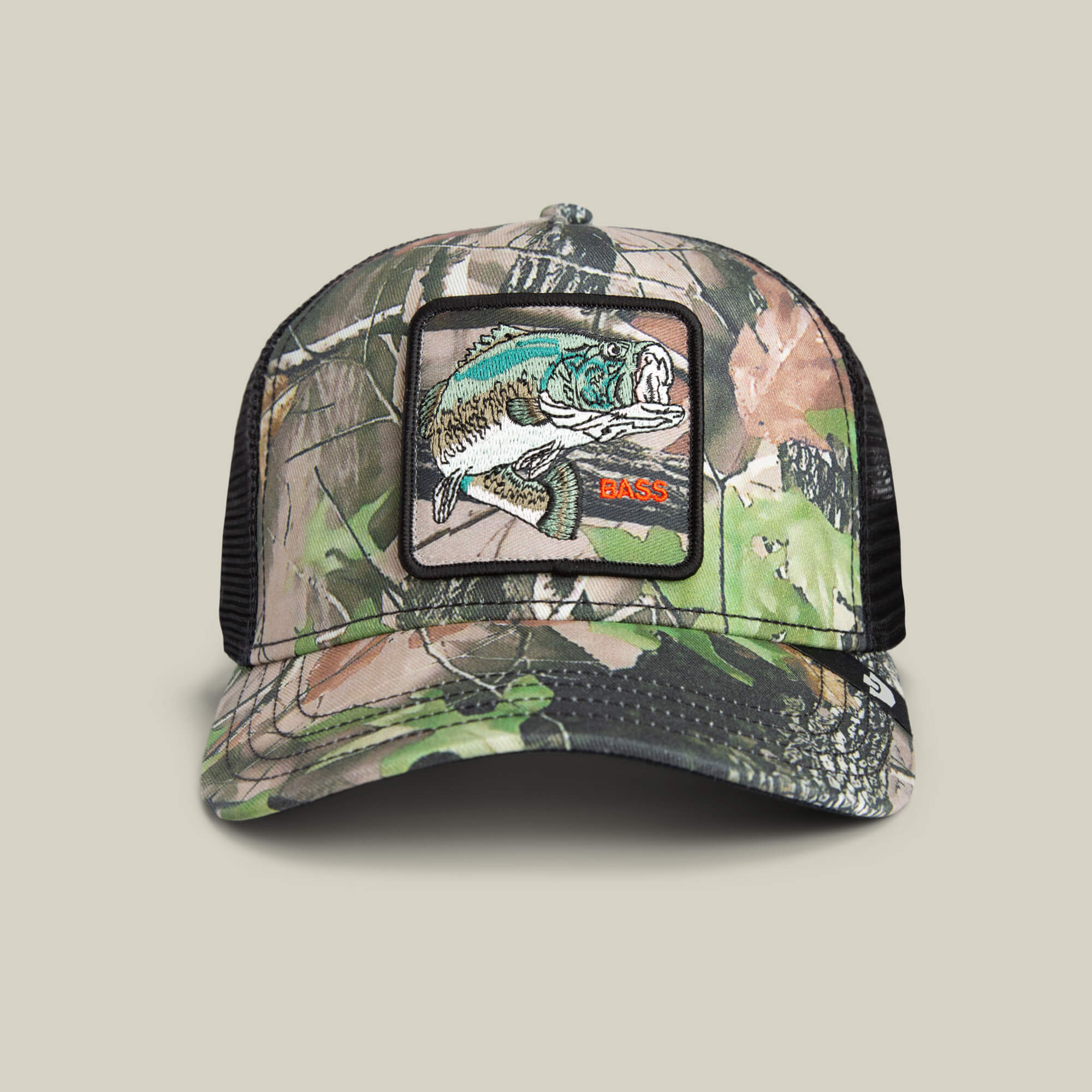 The Goorin Bros. Camouflage Bass cap features a mesh back, bass patch on the front, and embroidered fish with "BASS"—a stylish fishing essential.