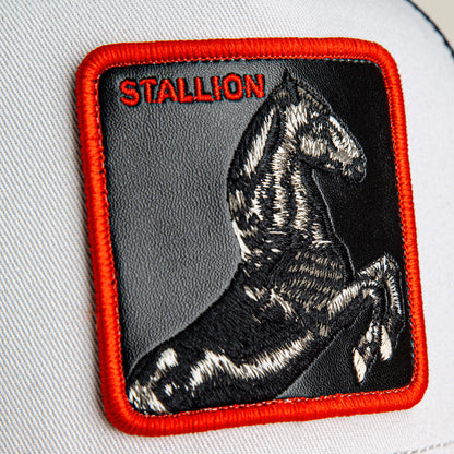 A close-up of the Goorin Bros. Tricolor Stallion patch shows an embroidered black rearing horse and red "STALLION" text, outlined in red on light fabric, with black mesh accents.