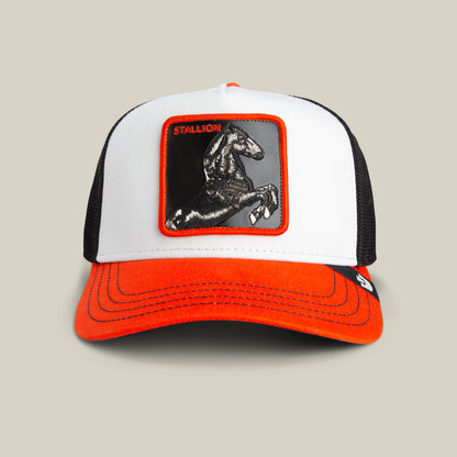 The Tricolor Stallion by Goorin Bros. is a white and black mesh trucker hat with a bright orange visor, featuring an embroidered stallion patch above the STALLION label on the front.