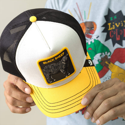 A person holds a bold black mesh Goorin Bros. Tricolor Sheep hat with a "Black Sheep" patch; they wear a graphic tee with a colorful clown illustration.