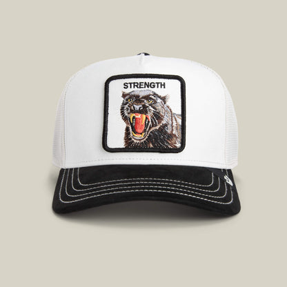 The Goorin Bros. Suede Panther hat features a bold white crown, black brim, and a striking panther patch with "STRENGTH" embroidered above the roaring cat.