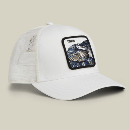 The Goorin Bros. Toxic Trucker is a white mesh cap with a rectangular patch featuring an embroidered rattlesnake and the word "TOXIC.