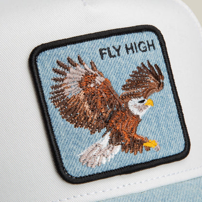 The Denim Fly High cap by Goorin Bros. features a close-up of an embroidered eagle in flight with "FLY HIGH" text, perfect for altitude enthusiasts craving pure elevation style.