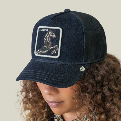Model wearing the Goorin Bros. Denim Stallion cap, featuring an arena-style embroidered design with a Stallion horse patch on the front, displayed from a front angle against a neutral background.