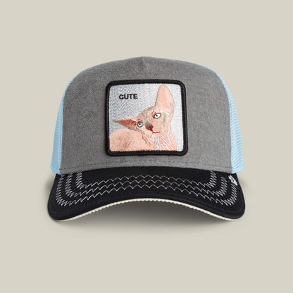 The Goorin Bros. Cute Remix is a gray terry cloth hat featuring an image of a hairless cat.