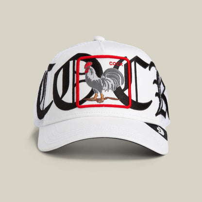 The Goorin Bros. Old English Cock cap in BLANK features a white and black mesh-back design with a rooster patch labeled COCK and bold Old English script on the front.