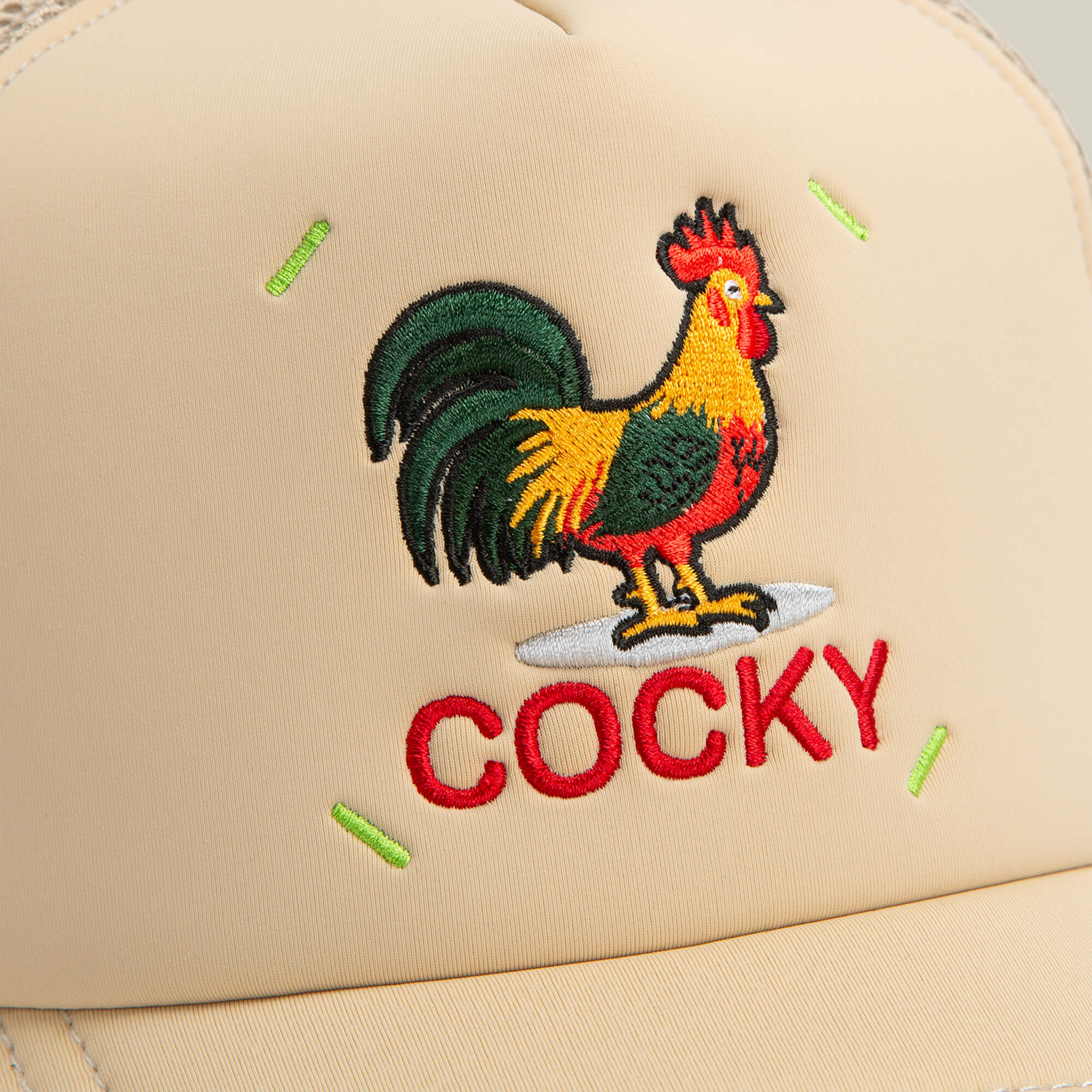 The Neo Farm - Cocky Rooster cap by Goorin Bros. features a colorful embroidered rooster above "COCKY" in red, making it the perfect match for your favorite rooster shirt or neutral-toned tee.
