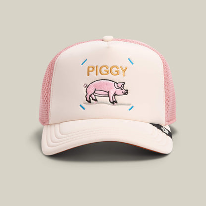 The Neo Farm - Piggy Pig hat by Goorin Bros. in WHISPER features a breathable mesh back and a front patch with an embroidered pig and "PIGGY" text.