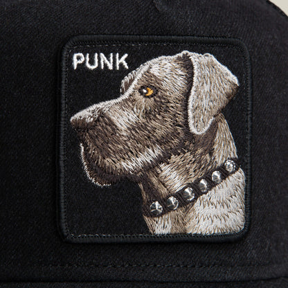 The Goorin Bros. Punk Dawg hat is black with a patch featuring an embroidered dog's head in a punk collar and "PUNK" stitched in white letters.