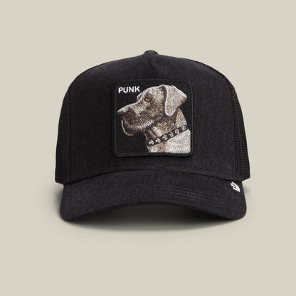 The Goorin Bros. Punk Dawg hat in BLACK DENIM features a patch with an embroidered dog wearing a studded collar and "PUNK" stitched above its head.