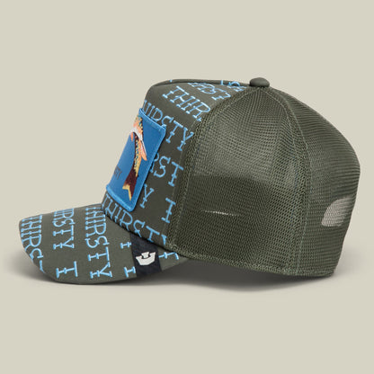 Goorin Bros. Thirsty Thursday trucker hat featuring an olive green mesh back, gray-blue front panel with embroidered text and colorful patch graphic, displayed on neutral background.