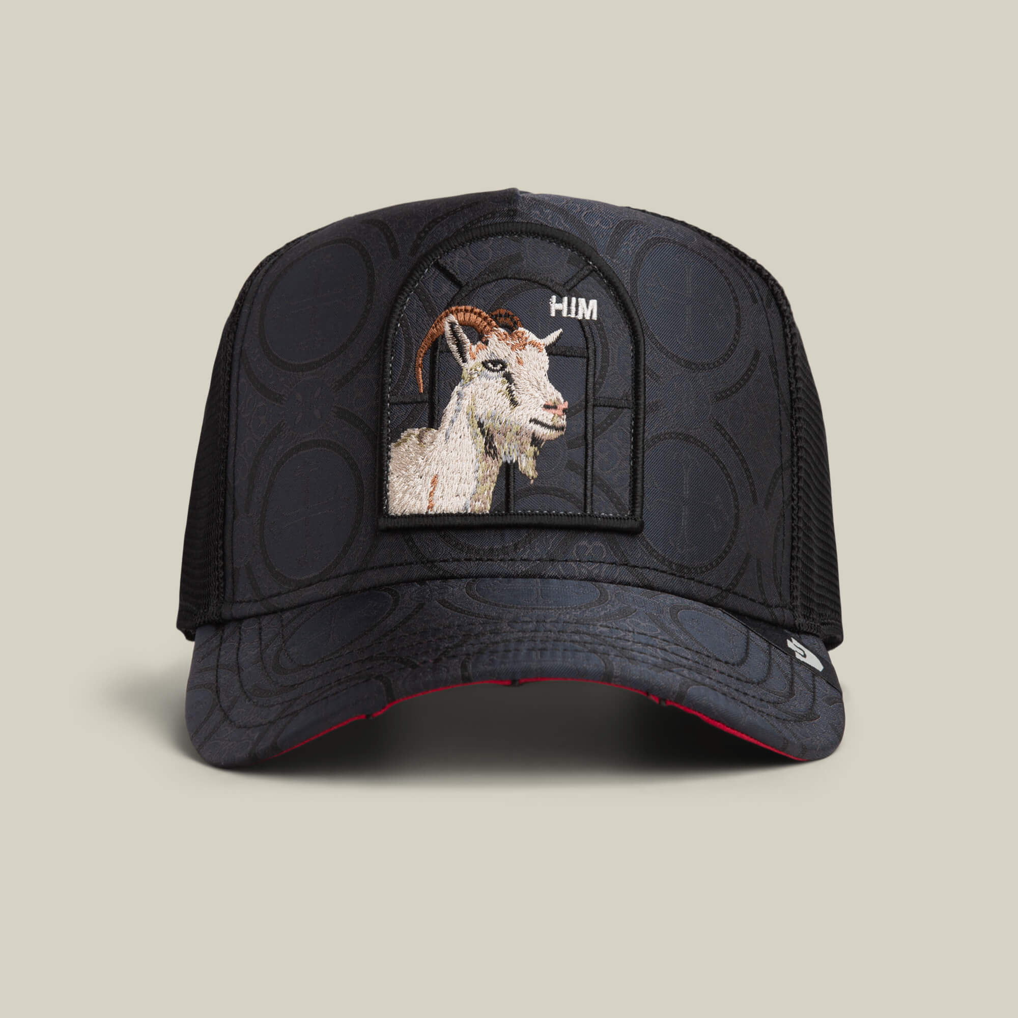 VOID-colored "Religulous - Hymn" hat by Goorin Bros., featuring a goat patch with "HIM" stitched above, displayed against a plain light background.