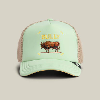 The Neo Farm - Bully Bull trucker hat from Goorin Bros. in CACTUS features mesh panels, an embroidered brown bull, and "BULLY" on the front.