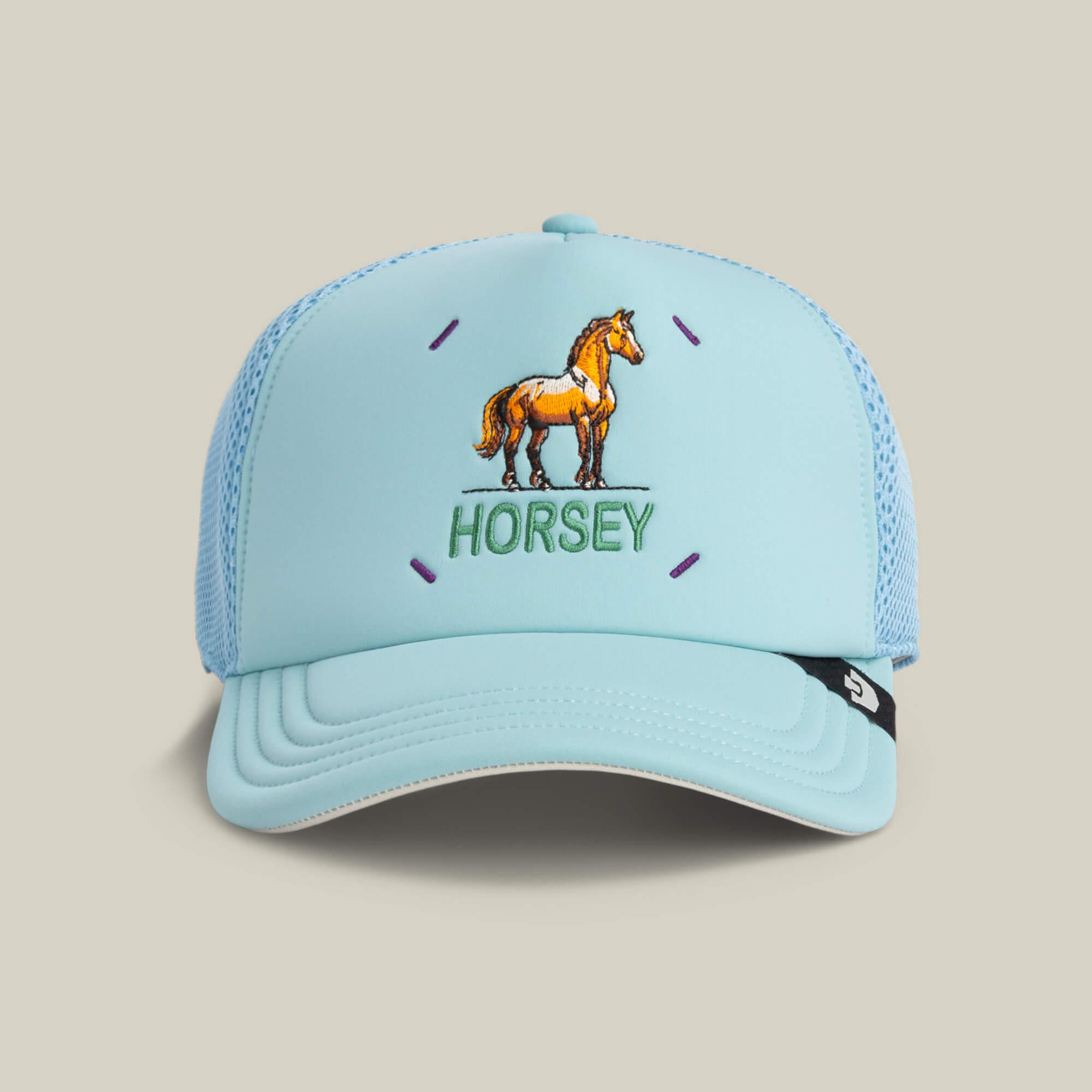 The Goorin Bros. Neo Farm - Horsey Horse hat in AIR features a light blue mesh trucker design with an embroidered brown horse and "HORSEY" on the front—a must-have for any horse fan.
