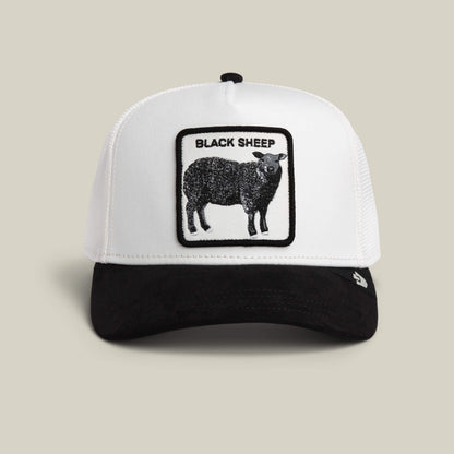 The Goorin Bros. Suede Sheep trucker hat in DUST / VOID features a suede feel and a black sheep patch with BLACK SHEEP text on the front in classic style.