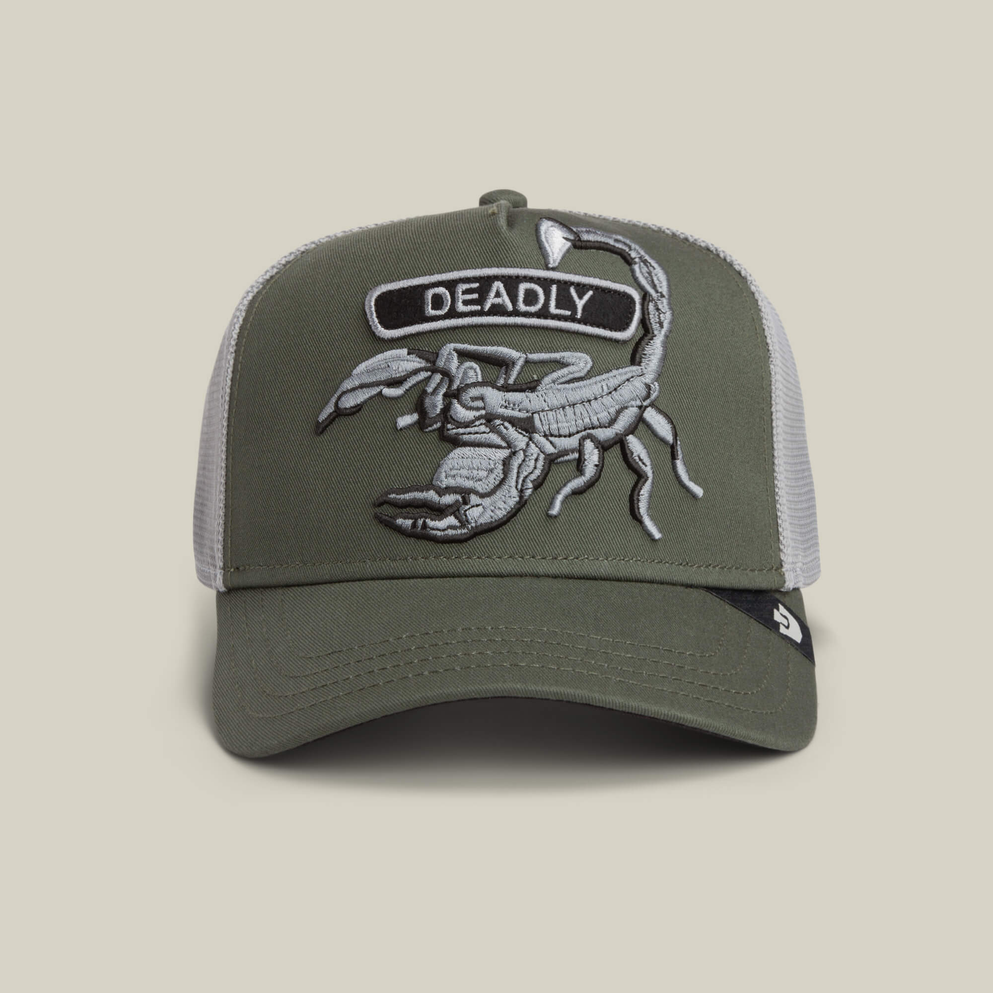 The Goorin Bros. Classic Rocker - Deadly in PALM features an embroidered scorpion and "DEADLY" on the front, with olive green and white panels plus grey mesh.