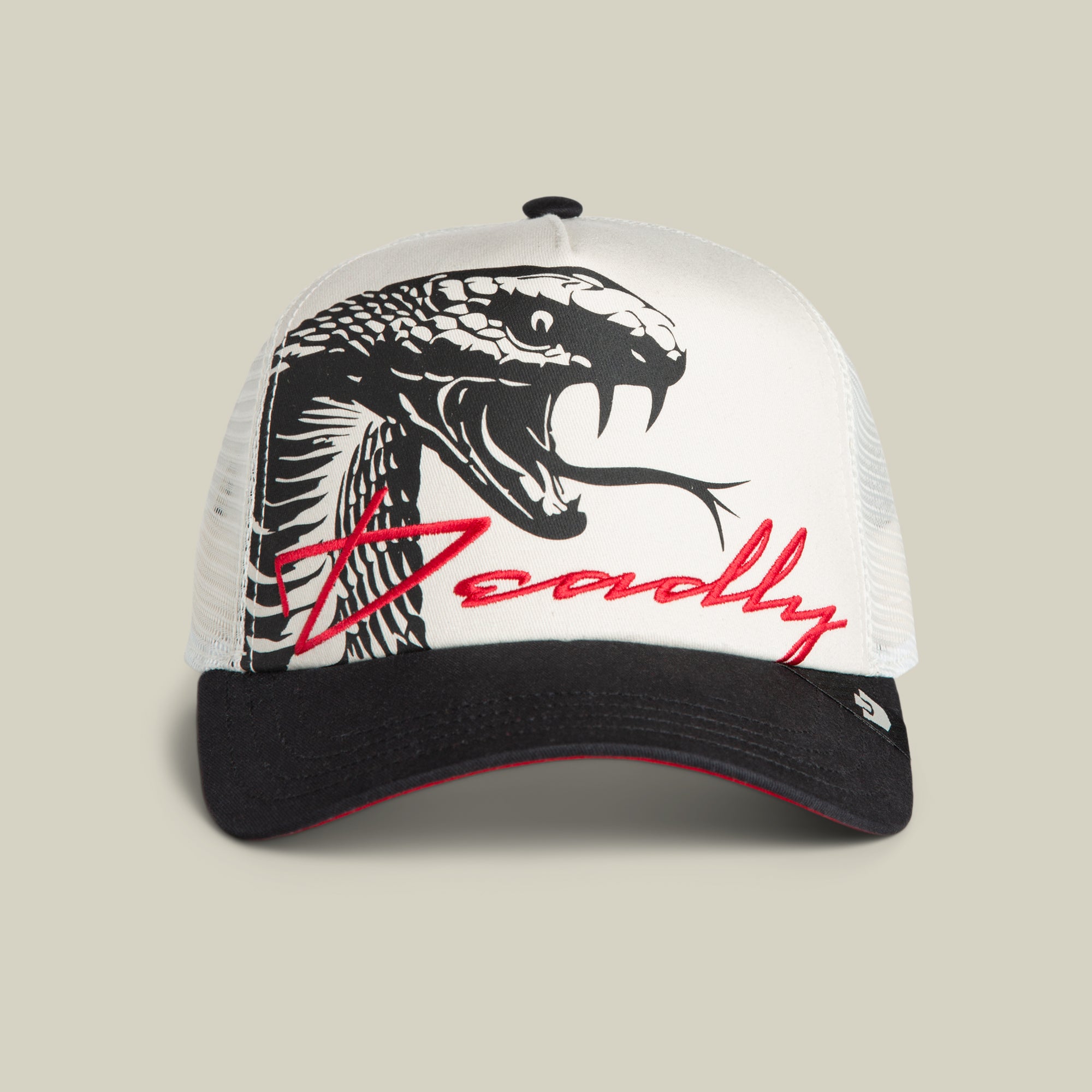 The Goorin Bros. "Outside the Lines Snake" hat in DUST / VOID features a bold cobra design and Deadly script, perfect for standout style.