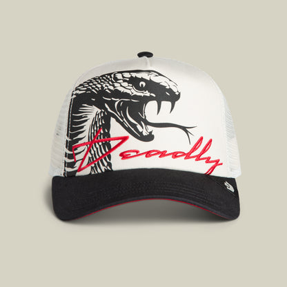 The Goorin Bros. "Outside the Lines Snake" hat in DUST / VOID features a bold cobra design and Deadly script, perfect for standout style.