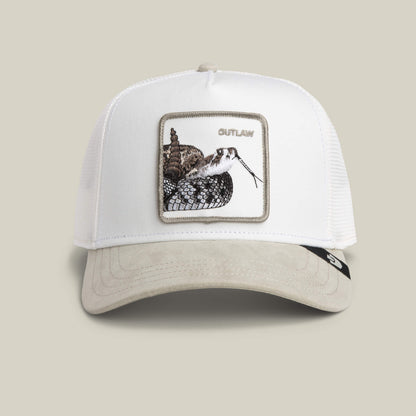 The Goorin Bros. Suede Rattlesnake hat in DUST/SCOUT features white mesh, a beige suede brim, and a bold rattlesnake patch with "OUTLAW" on the front.