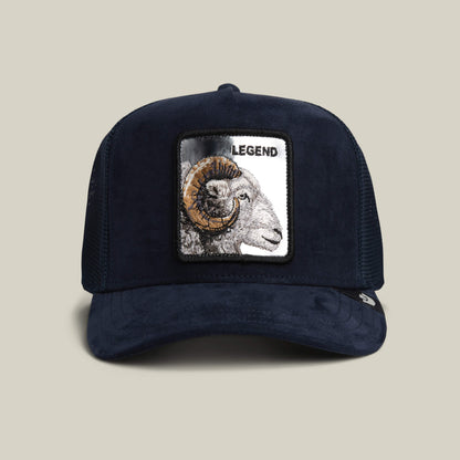 The Goorin Bros. Silver Legend trucker hat in EDGE features a bold ram patch and LEGEND on the front, plus a mesh back for breathability.