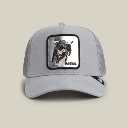 The Goorin Bros. Silver Bull trucker hat in GLOSS features a mesh back, a silver bull patch on the front, and “RAGING” boldly embroidered below.