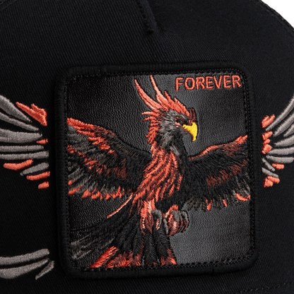 The Goorin Bros. Wings Forever baseball cap features a black fabric with a detailed embroidered phoenix patch in red, orange, and yellow, displaying the mythical bird with spread wings on the front.