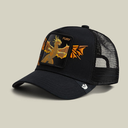 The Goorin Bros. Wings Fury is a black mesh trucker hat featuring gold and orange dragon embroidery with "Fury" text on the front patch and matching wing design on the side, displayed on a neutral background.