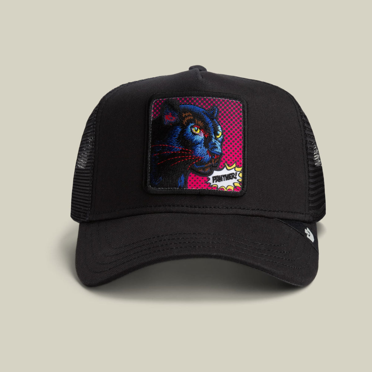 The Goorin Bros. POPArt - Panther trucker hat features a black mesh back and a colorful embroidered patch with a blue panther design against a bright pink pop art background on the front.