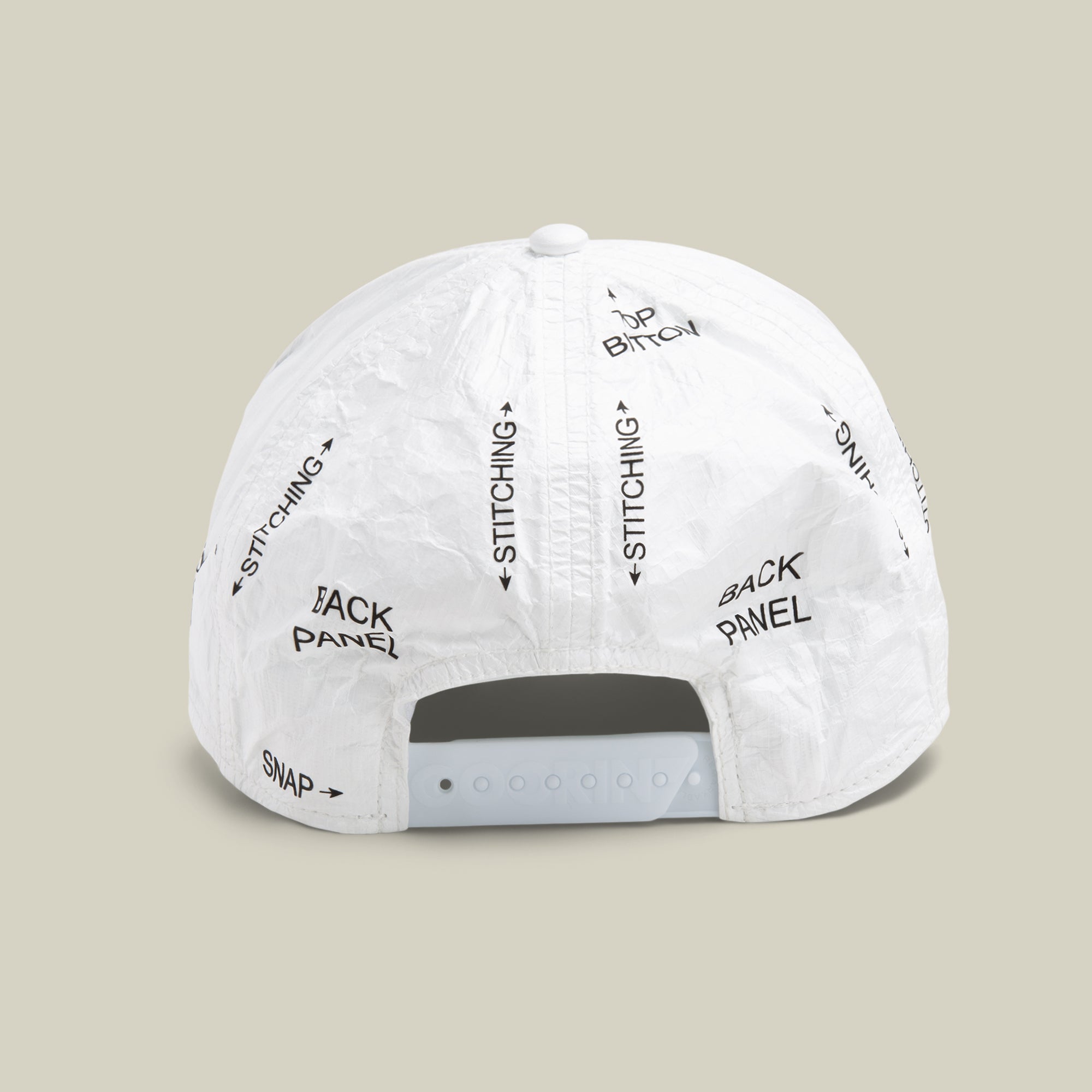 The Goorin Bros. K.I.S.S. cap, shown from the back, features printed text labels like BACK PANEL, STITCHING, and SWAP with arrows highlighting each part, giving this limited edition design a unique twist on the classic style.