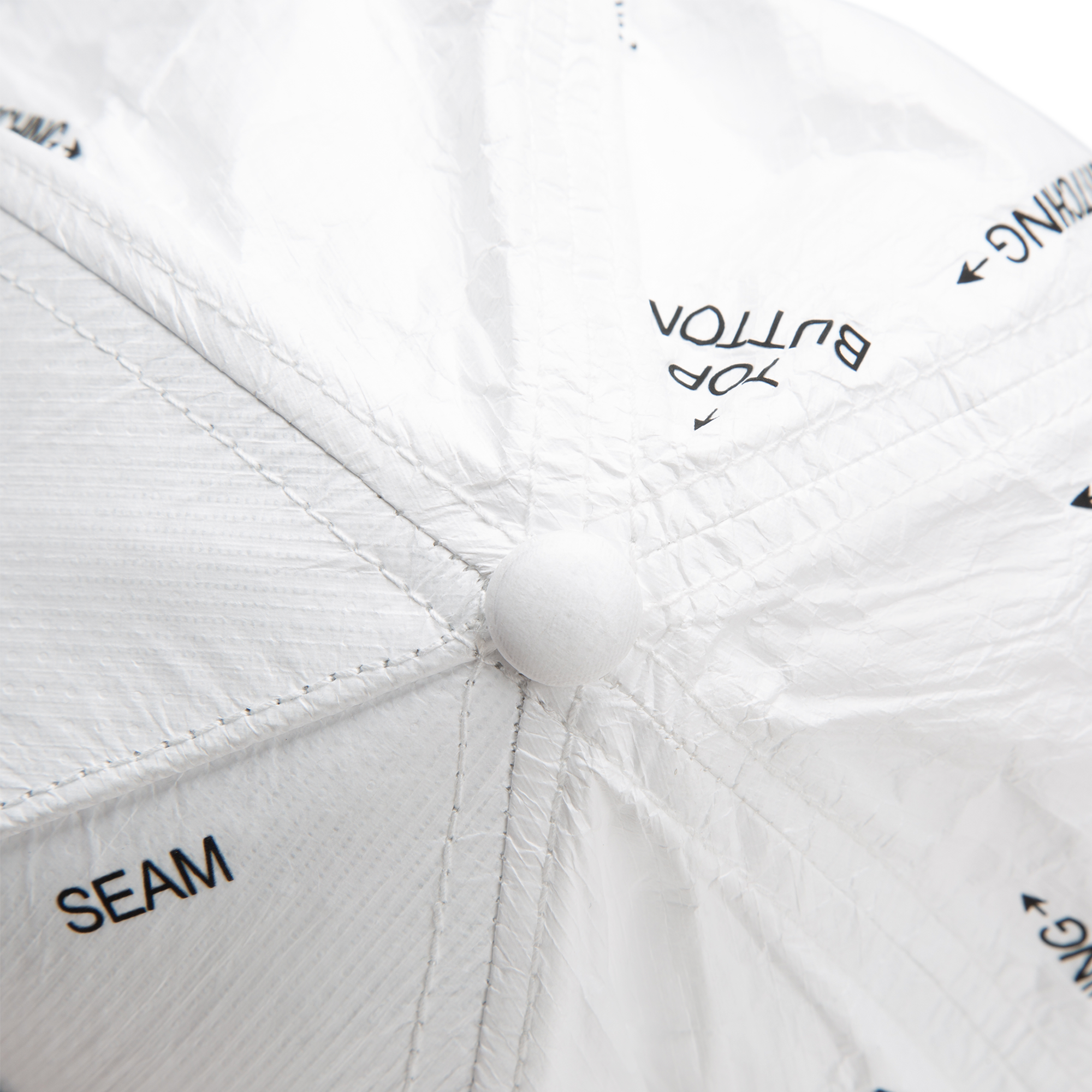 Close-up of the top of a white K.I.S.S. hat by Goorin Bros., showing labeled sections like SEAM and TOP BUTTON, plus visible stitching details.