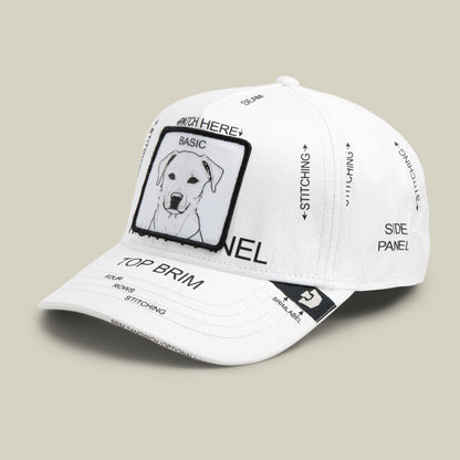 The Goorin Bros. K.I.S.S. is a white Tyvek hat with labeled sections and a stitched dog head patch on the front.