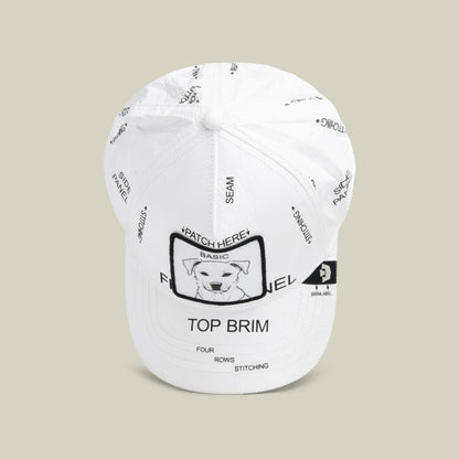 Limited edition K.I.S.S. white baseball cap by Goorin Bros., featuring labeled sections and a simple dog illustration on the front, displayed against a plain beige background.