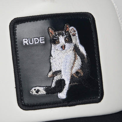 The R U Done Eating? patch by Goorin Bros. features a cheeky embroidered black and white cat grooming itself on a white background, with the word RUDE adding to its playful vibe.