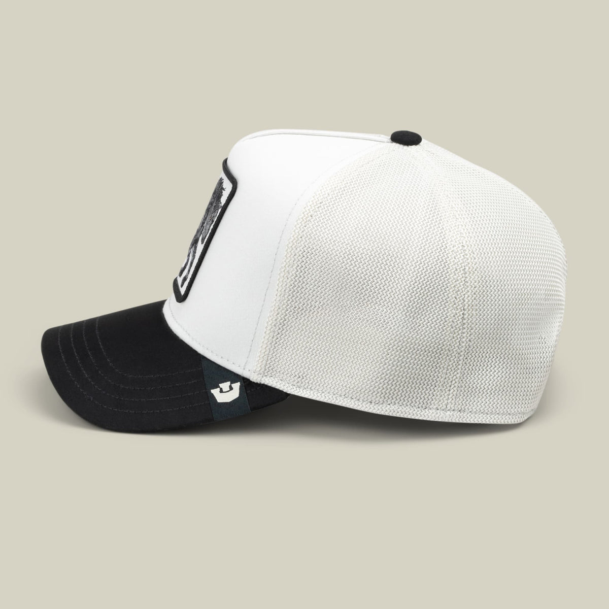 The Goorin Bros. Digital Stallion trucker hat features a white mesh back and black bill with color-block design, displayed against a neutral background in a side studio view.