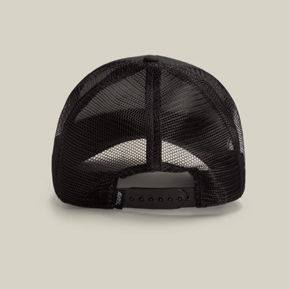 The Daddy Panther by Goorin Bros. is a black mesh trucker hat, shown from the back with an adjustable snapback closure and a small fabric tag—an essential accessory for any collection.
