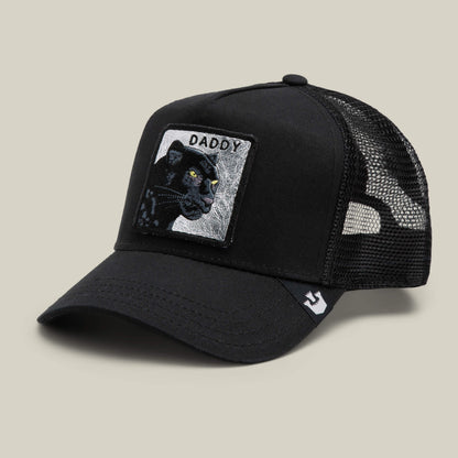 The Daddy Panther by Goorin Bros. is a black trucker hat with a mesh back, platinum panther patch, and "DADDY" embroidered above—one of our most-wanted styles.