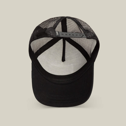 The Daddy Panther by Goorin Bros. is a black mesh baseball cap shown from above, featuring an adjustable snapback strap and interior lining—a top-shelf accessory.